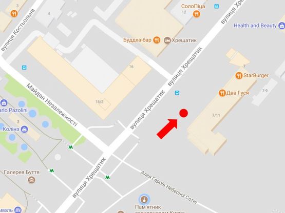 Схема рекламной плоскости по адресу Крещатик ул., 7/11 - Институтская ул., возле выхода из ст. м. "Майдан Незалежности", в сторону Европейская пл.