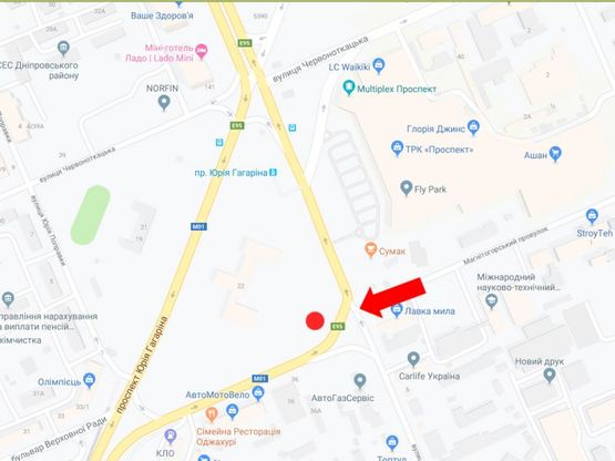 Схема рекламной плоскости по адресу Верховного Совета бул., 36, перед ТЦ "Проспект", супермаркетами "Фокстрот", "Ашан" в сторону Дарницкой пл.