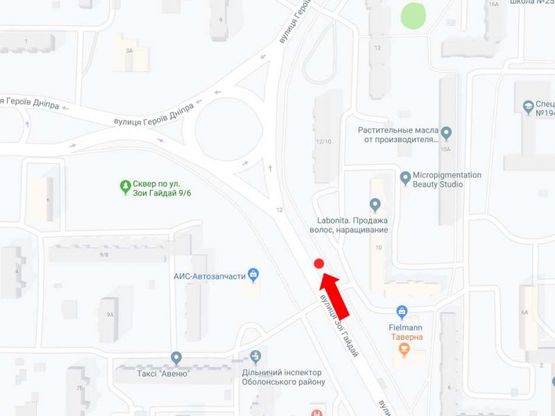 Схема рекламної площини за адресою Гайдай ул., 10, в сторону ул. Героев Днепра