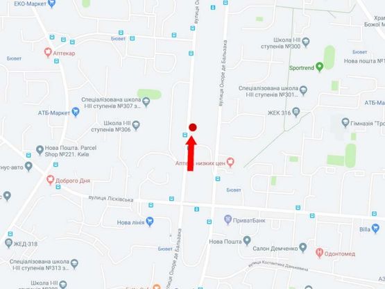 Схема рекламної площини за адресою Бальзака ул., 77, в сторону ул. Милославской