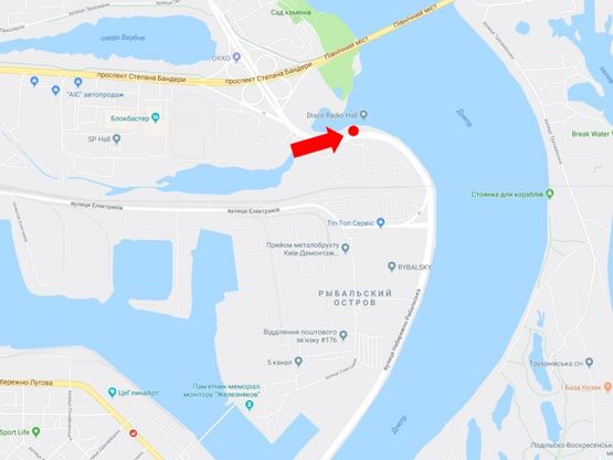 Схема рекламної площини за адресою Набережно-Рыбальская ул., напротив АЗС “Glusco”, возле клуба “Disco Radio Hall”, в сторону Набережно-Крещатицкая ул.