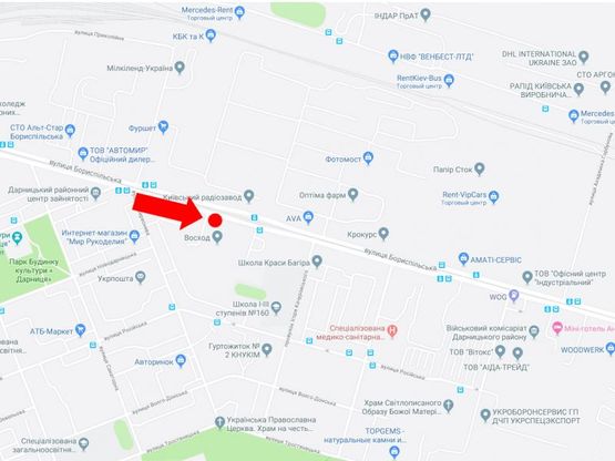 Схема рекламної площини за адресою Бориспольская ул. 8,  напротив супермаркета "Велмарт", из центра