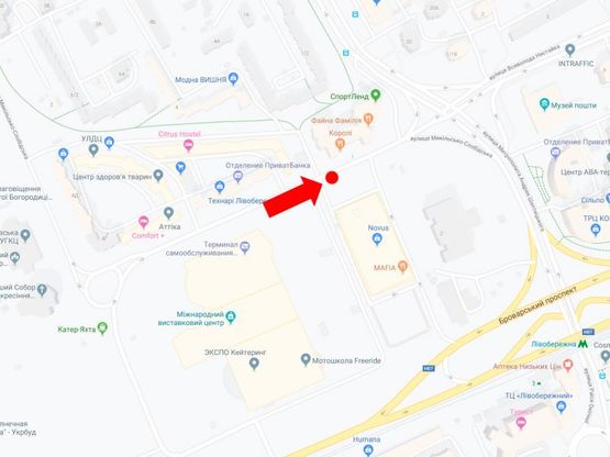 Схема рекламной плоскости по адресу Никольско-Слободская ул., 2В, возле супермаркета "Новус", от МВЦ в сторону Шептицкого ул., к ст. м. "Левобережная"