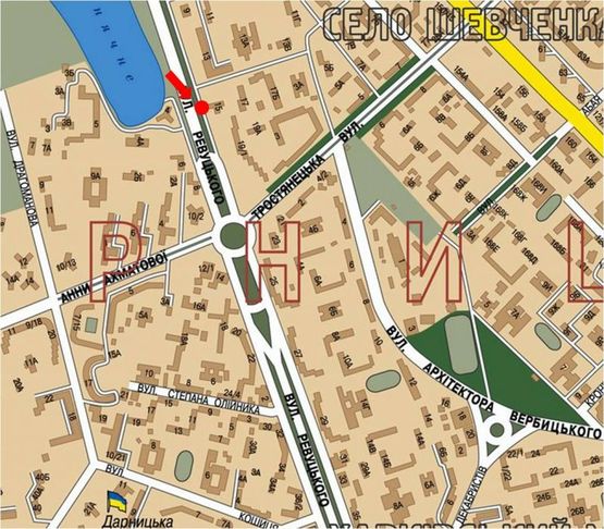 Схема рекламної площини за адресою Ревуцкого ул., 15, через дорогу, разделитель, в сторону ст. м. "Харьковская"