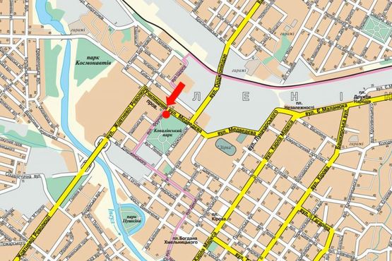 Схема рекламной плоскости по адресу Чикаленко ул. (бывш. Медведева ул.) / Олефиренко ул. (бывш. Фрунзе ул.), супермаркет "АТБ", парк "Ковалевский"