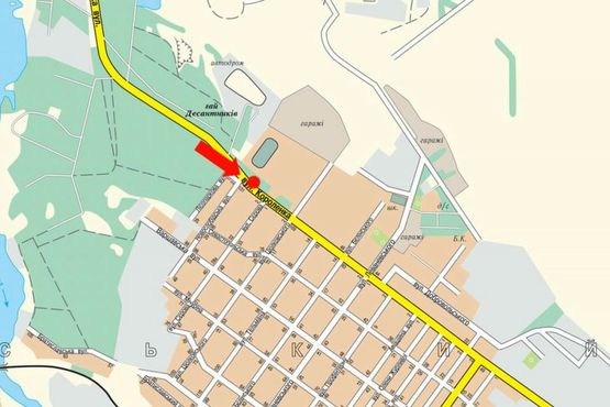 Схема рекламної площини за адресою Короленко ул. / Осипенко ул., стадион АРЗ, 4-я горбольница, АЗС "Окко", в центр