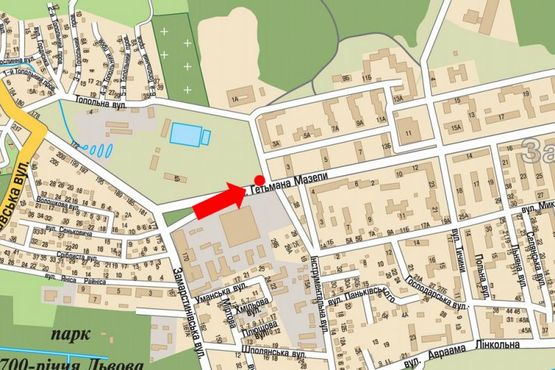 Схема рекламної площини за адресою Мазепы ул., 1 / Инструментальная ул., магазин "Инструмент"