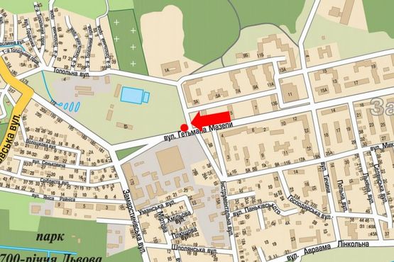 Схема рекламної площини за адресою Мазепы ул., 1 / Инструментальная ул., магазин "Инструмент"