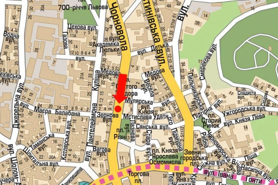 Схема рекламної площини за адресою Черновола пр., 9 / Зерновая ул., разделитель, возле отеля "Львов", на светофоре, в центр