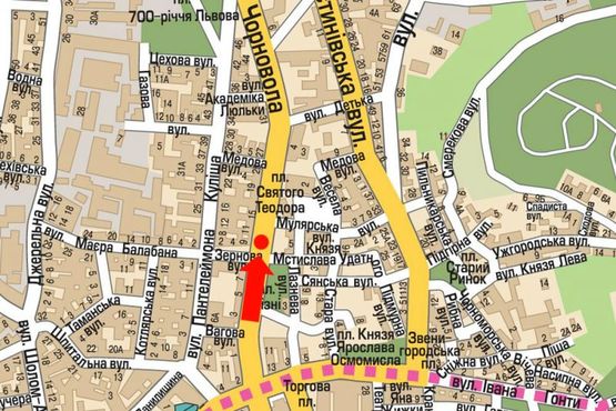 Схема рекламной плоскости по адресу Черновола пр., 9 / Зерновая ул., разделитель, возле отеля "Львов", на светофоре, из центра Схема рекламной плоскости по адресу Черновола пр., 9 / Зерновая ул., разделитель, возле отеля "Львов", на светофоре, из центра