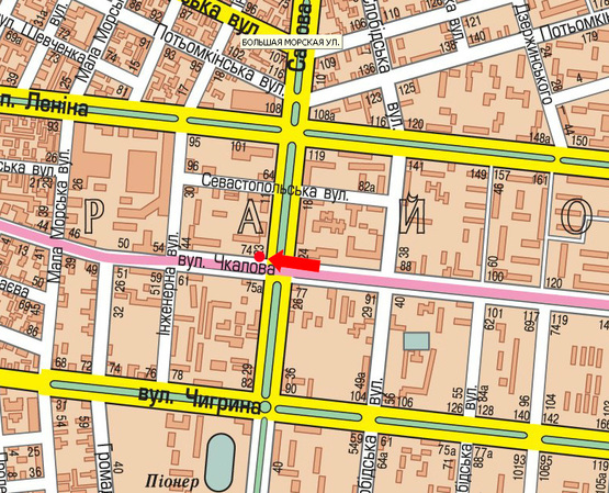 Схема рекламної площини за адресою Чкалова ул. / Садовая ул., возле супермаркета "АТБ", разделитель, в центр, правая