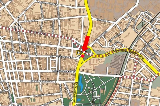 Схема рекламної площини за адресою Балковская ул. 54 / Грушевского ул., разделитель, от моста, заправка "Катрал" в центр, левый