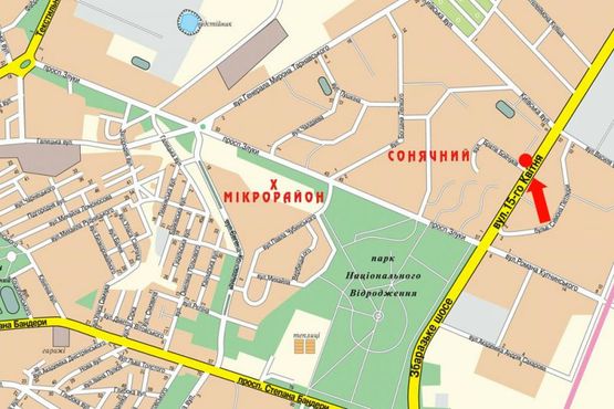 Схема рекламної площини за адресою 15-го Апреля ул. / Бойчуков ул., возле ТЦ "Рай Центр", супермаркета "Сильпо", из центра