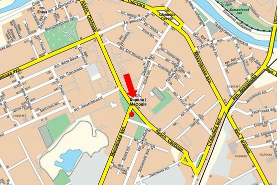 Схема рекламної площини за адресою Минайская ул. - пр. Свободы, пл. Кирилла и Мефодия, возле отеля "Закарпаття", на светофоре, из центра