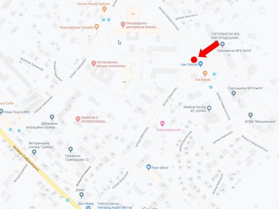 Схема рекламної площини за адресою Университетская ул. - ул. Докучаева, возле Ужгородского национального университета