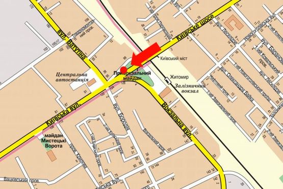 Схема рекламной плоскости по адресу Киевская ул. / ул. Вокзальная, возле рынка "Киевский", в центр