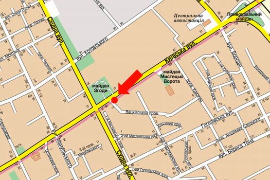 Схема рекламної площини за адресою Киевская ул. / пер. Вацковский, , напротив ТРЦ "Глобал", супермаркетов Фокстрот, Эльдорадо, Комфи, Караван, в центр