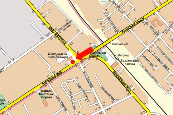 Схема рекламной плоскости по адресу Киевская ул. / Независимости пр. (бывш. ул. Ватутина), возле автовокзала, на светофоре, в центр