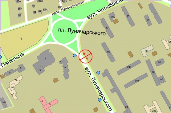 Схема рекламної площини за адресою Митрополита Андрея Шептицького (Луначарського), 7 напроти, рух від площі Пантелеймона Куліша (Луначарського), ліворуч