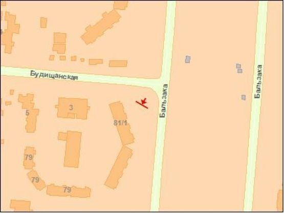 Схема рекламной плоскости по адресу Бальзака О. ул., 81/1 / Будищанская ул., возле торговых киосков Схема рекламной плоскости по адресу Бальзака О. ул., 81/1 / Будищанская ул., возле торговых киосков