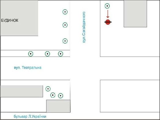 Схема рекламной плоскости по адресу Сагайдачного ул / Театральная ул, в центр Схема рекламной плоскости по адресу Сагайдачного ул / Театральная ул, в центр